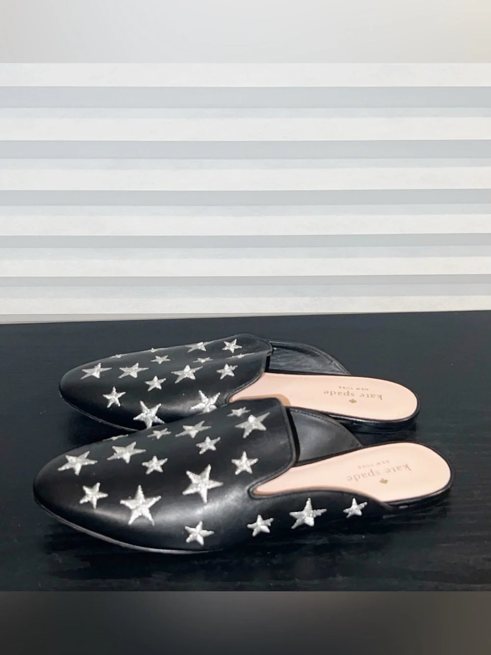 KATE SPADE Sareen Black Star-Print Leather Slip-On Mules